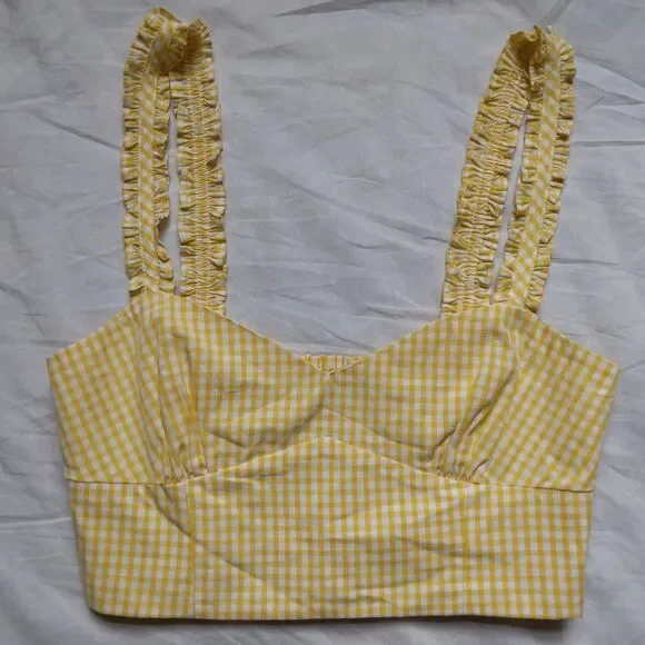 Zara Cropped Yellow White Gingham Tank Top Western Daisy Duke Boho Womens Small - Picture 4 of 12